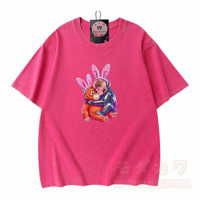 Hugging Cyber Monkey Graphic Modakawa Vintage Washed 100% Cotton T-shirt - Rose Red - 5XL - image 5