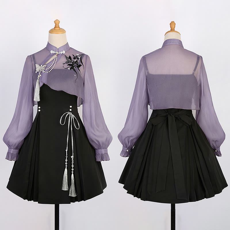 3D Butterfly Pearl Decor Top Lace-up Slip Dress - Set - L - image 9