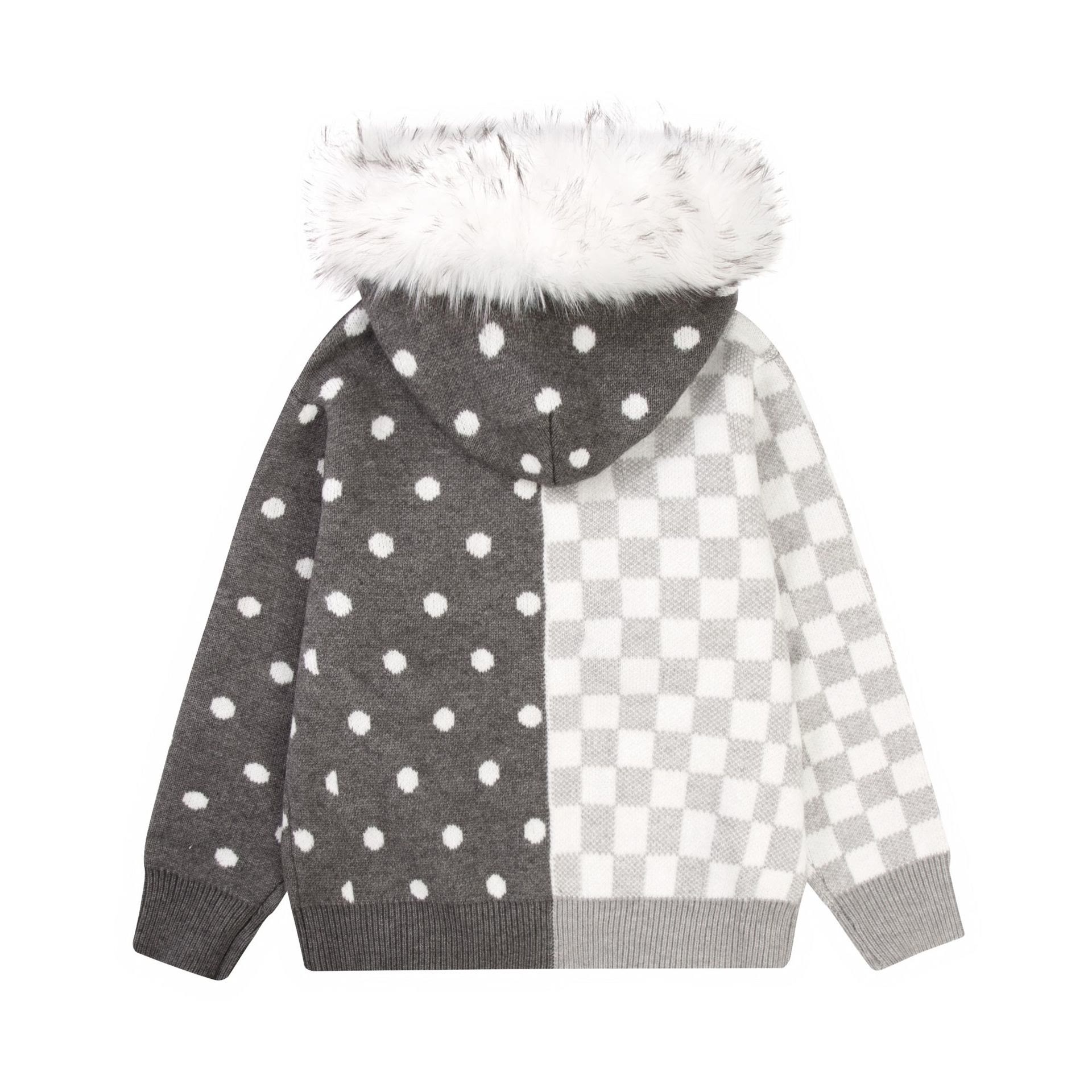 Polka Dot Faux Fur Collar Hooded Knit Sweater - image 6