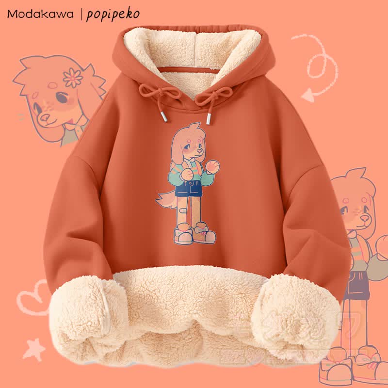 MODAKAWA X popipeko Cute Puppy Graphic Thick Fleece Lined Winter Hoodie - Orange A - 2XL - image 3