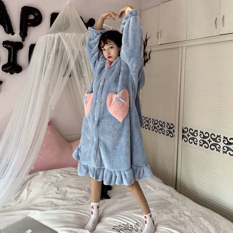 Cute Cartoon Hooded Robe Pajama Set - Blue Heart Robe - XL - image 10