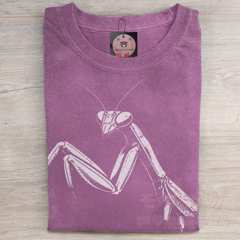MODAKAWA Praying Mantis Graphic Unisex Vintage Washed T-shirt - Purple - 5XL - image 3