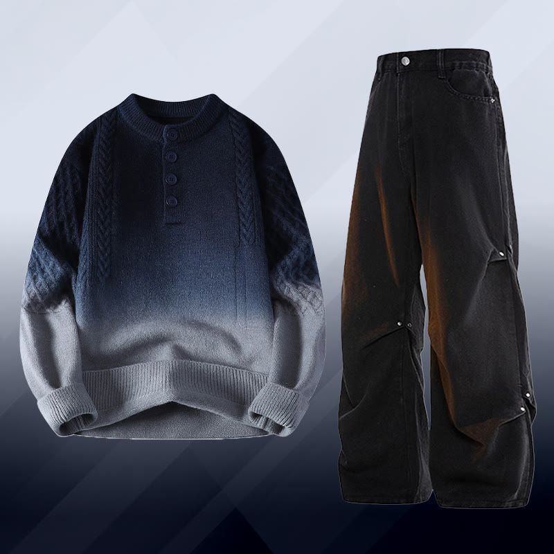 Gradient Cable Knit Sweater Denim Pants Two Pieces - Set C - 3XL - image 3