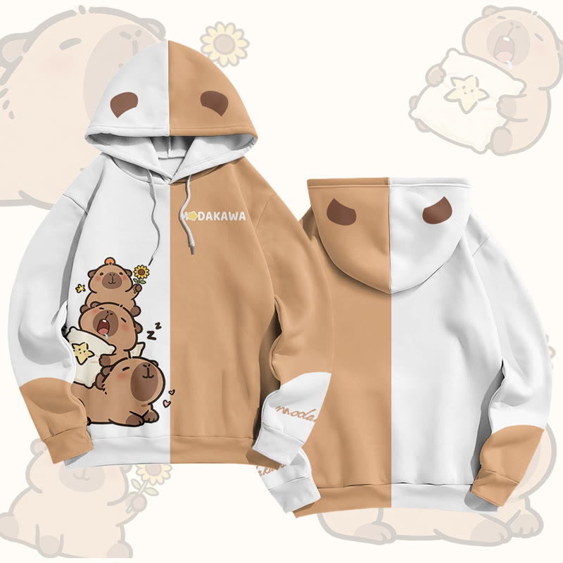 Cute Capybara Graphic Modakawa Pullover Hoodie - Brown & White - 6XL - image 5