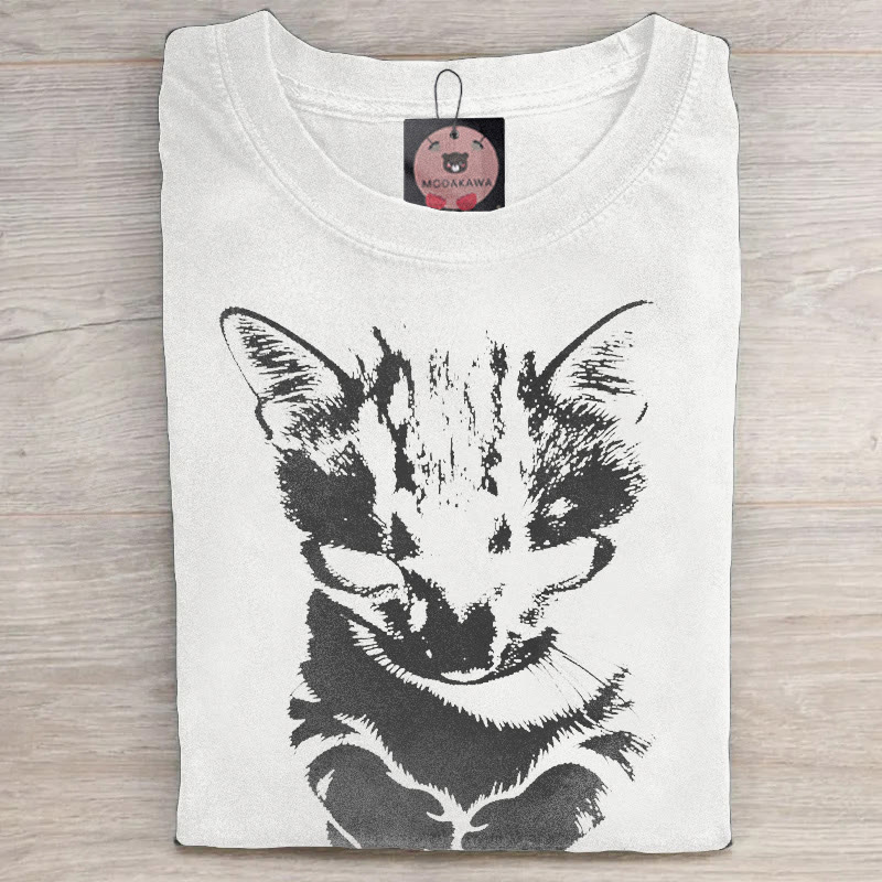 MODAKAWA Guilty Cat Graphic Unisex Vintage Washed T-shirt - White - 5XL - image 3