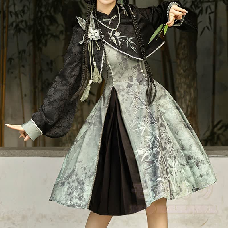 Vintage Open Knit Shawl 3D Butterfly Tassel Top Bamboo Graphic Slip Dress Matching Outfit - image 6