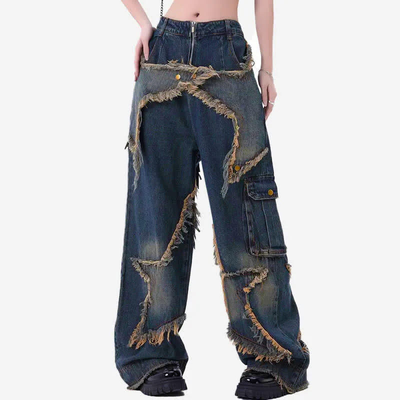 Vintage Star Pattern Loose Denim Pants - image 4