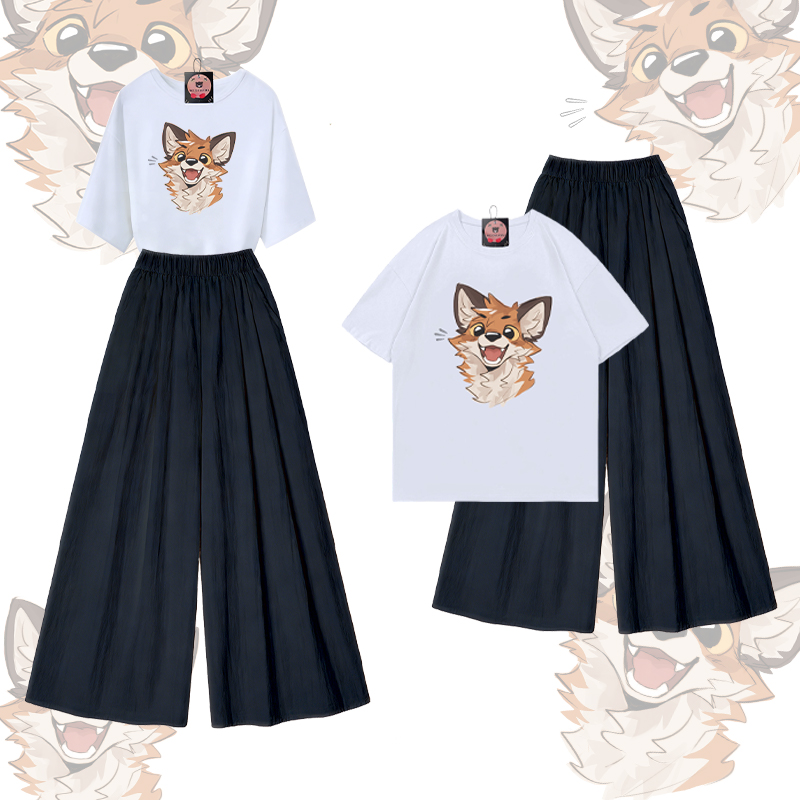 MODAKAWA X atka Happy Fox Graphic 100% Cotton T-shirt Wide Leg Pants Two Pieces Set - White & Black - XL - image 2