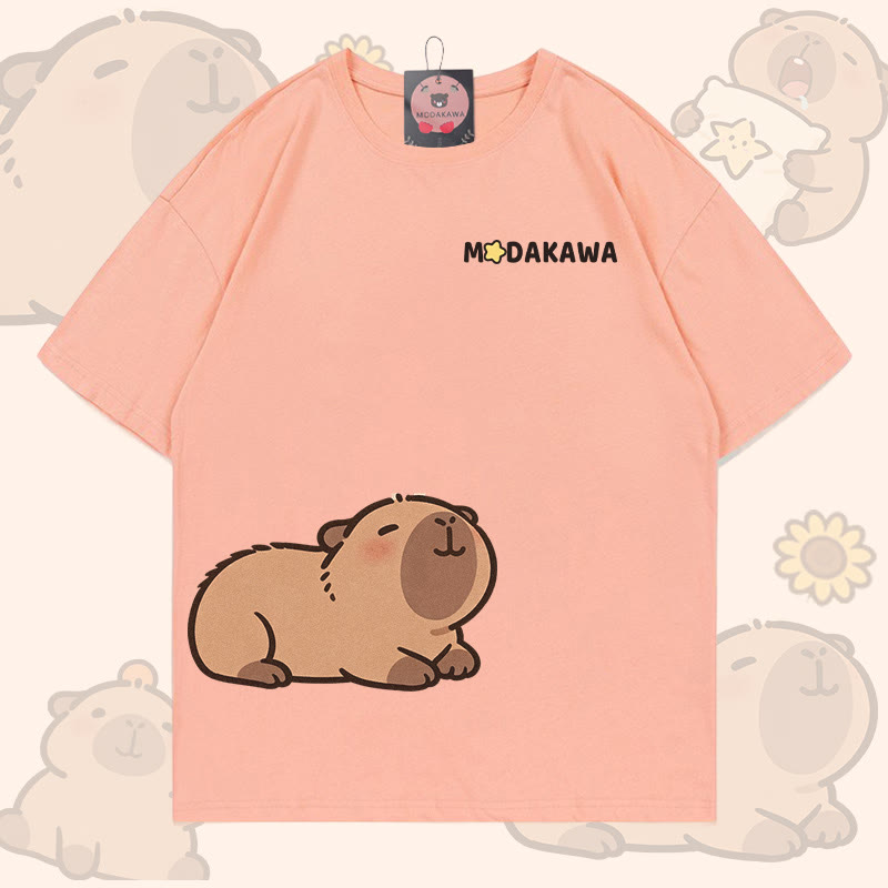 Cute Capybara Graphic 100% Cotton Modakawa T-shirt - Peach - 5XL - image 4