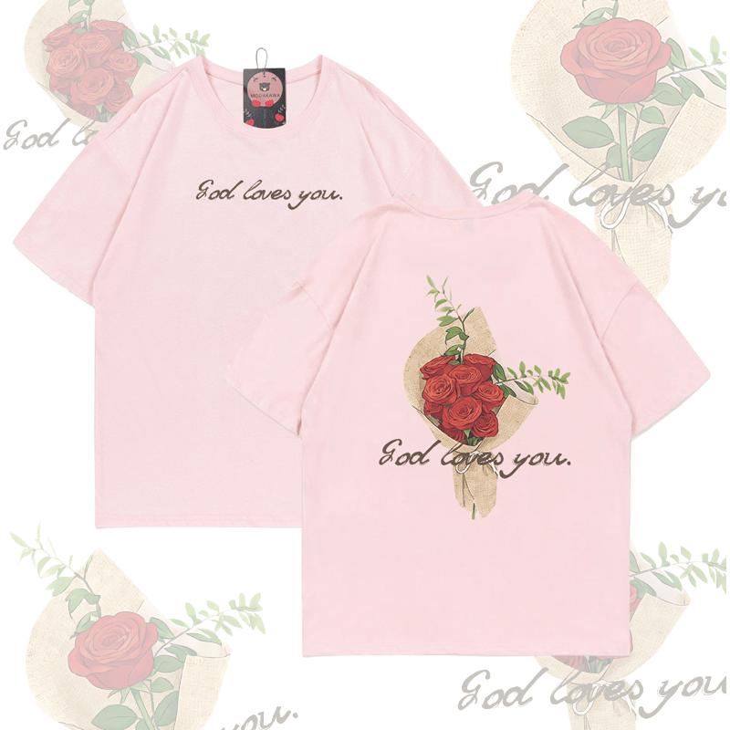 MODAKAWA GOD LOVES YOU Rose Bouquet Graphic T-shirt - Pink - 5XL - image 5
