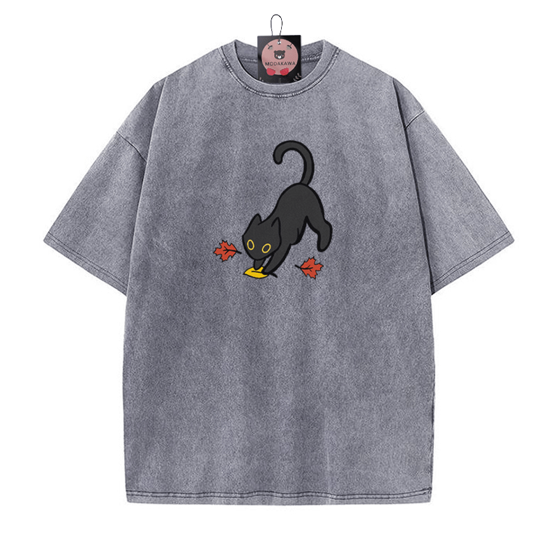 Black Cat Pouncing on Leaf Halloween Graphic Unisex Vintage Washed T-Shirt - Grey - 5XL - image 5