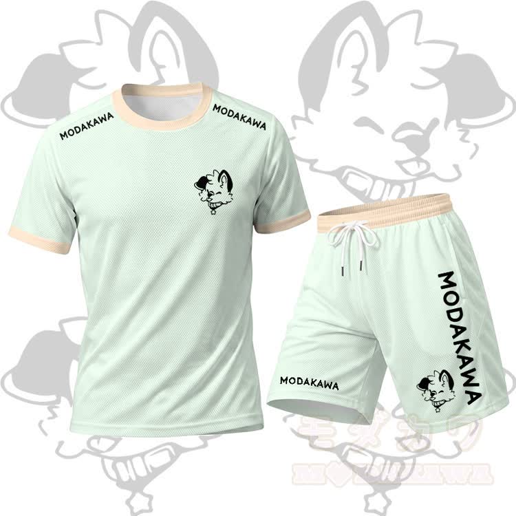 MODAKAWA X popipeko Tongue Out Pupppy Graphic Men's Sports T-shirt Drawstring Shorts Matching Outfit - Green Set - 5XL - image 12
