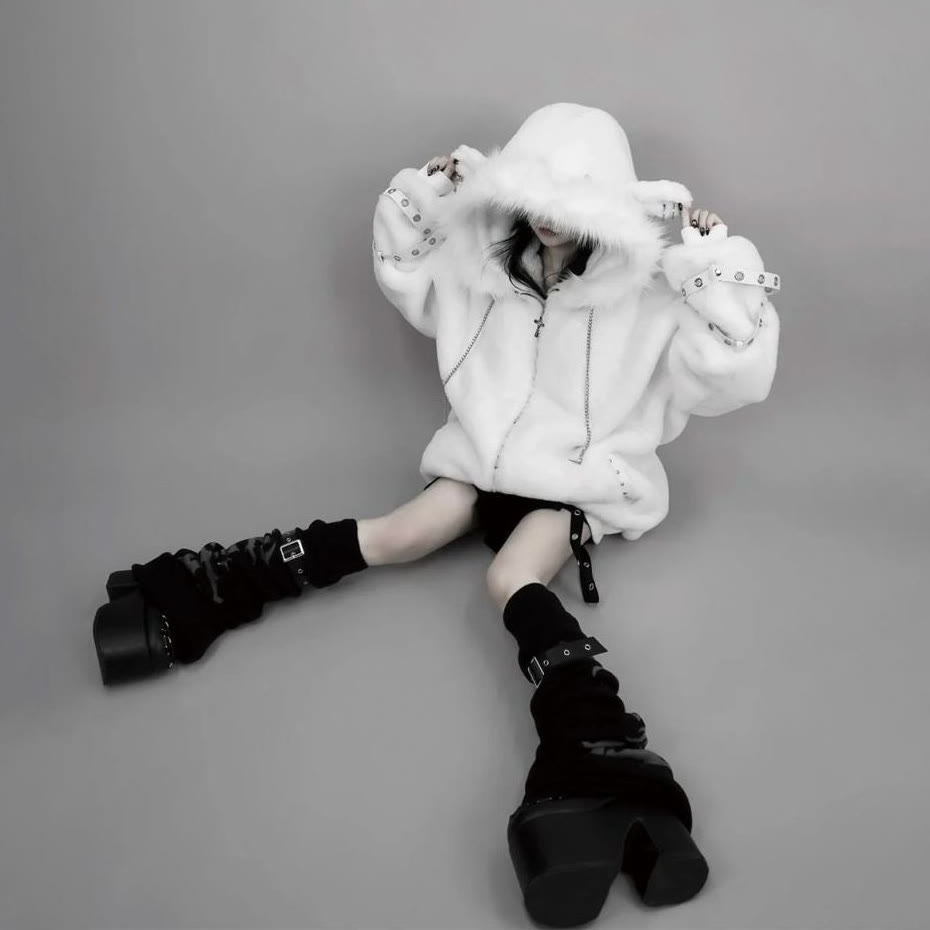 Dark Aesthetic Plush Zip-Up Hoodie Jacket - image 8