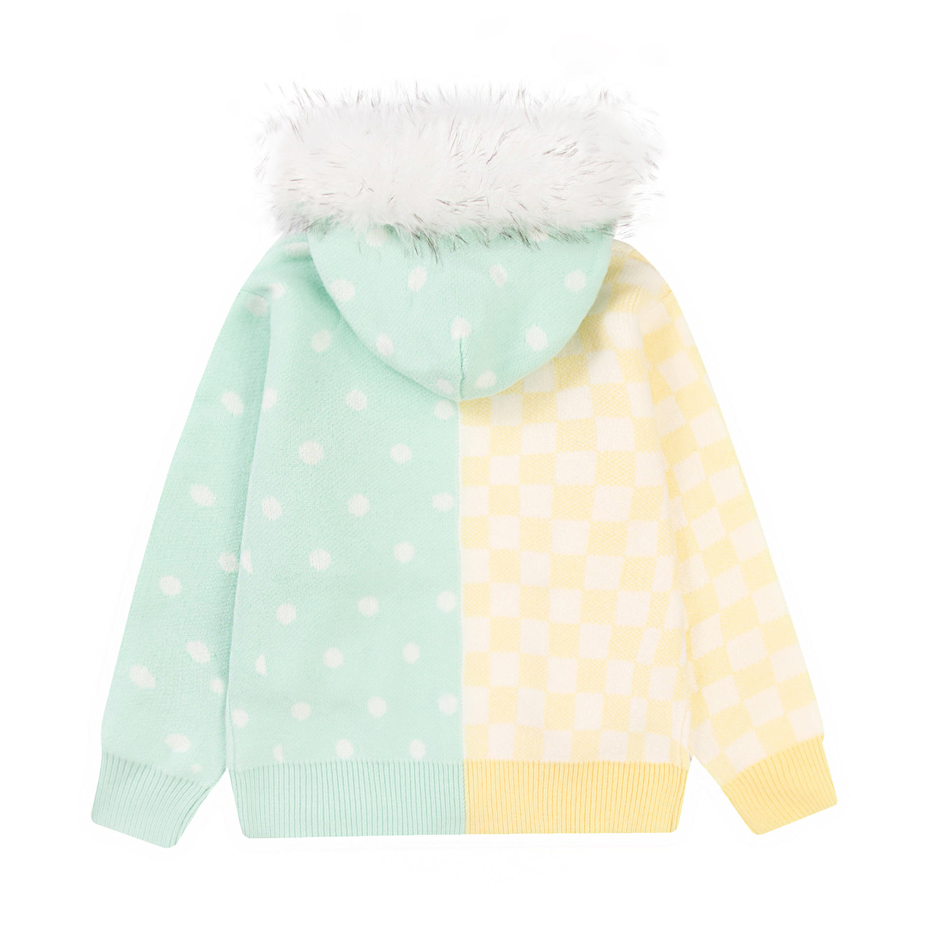 Polka Dot Faux Fur Collar Hooded Knit Sweater - image 13