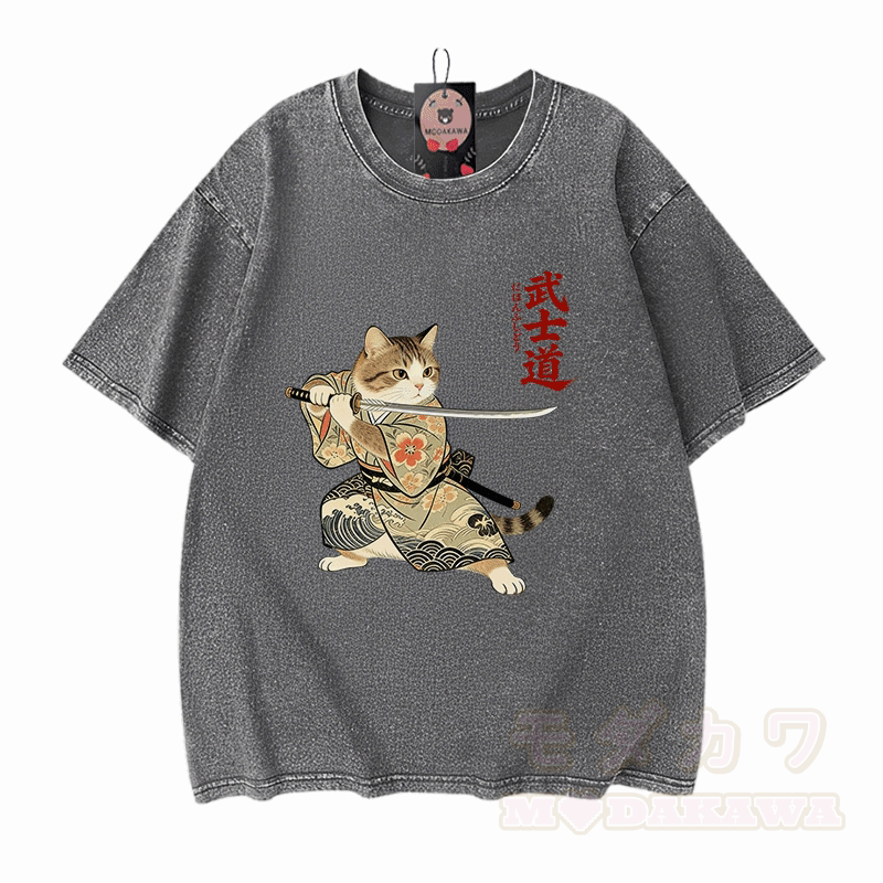 Samurai Cat Graphic Modakawa Vintage Washed 100% Cotton T-shirt - Grey - 5XL - image 9