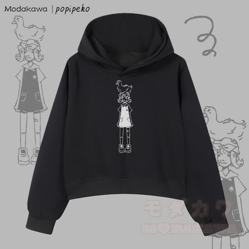 MODAKAWA X popipeko Duck Girl Graphic Cropped Cotton Hoodie - Black - 3XL - image 5