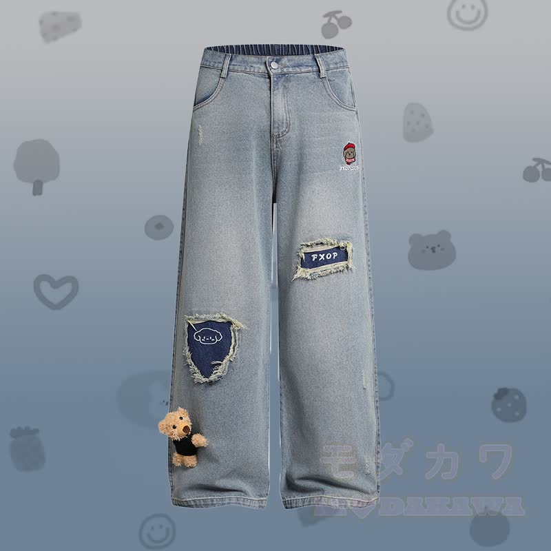 3D Bear Stripe Tie Color Block Polo T-shirt Ripped Denim Pants Modakawa Matching Outfit - Blue Pants - XL - image 8