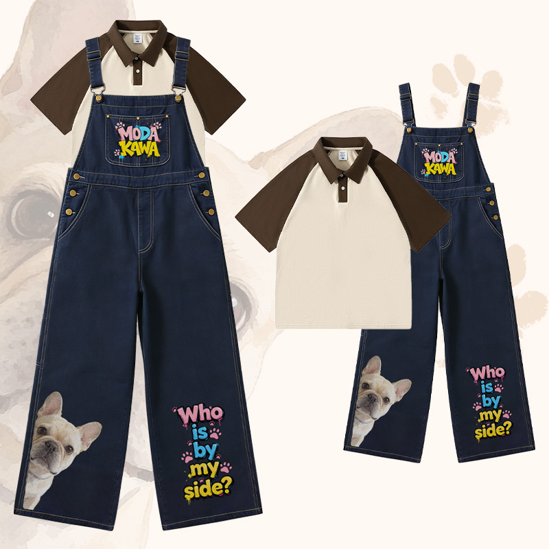 WHO IS BY MY SIDE Bulldog Graphic Plaid Shirt Wide Leg Denim Overalls Modakawa Matching Outfit - Set B - XL - image 3