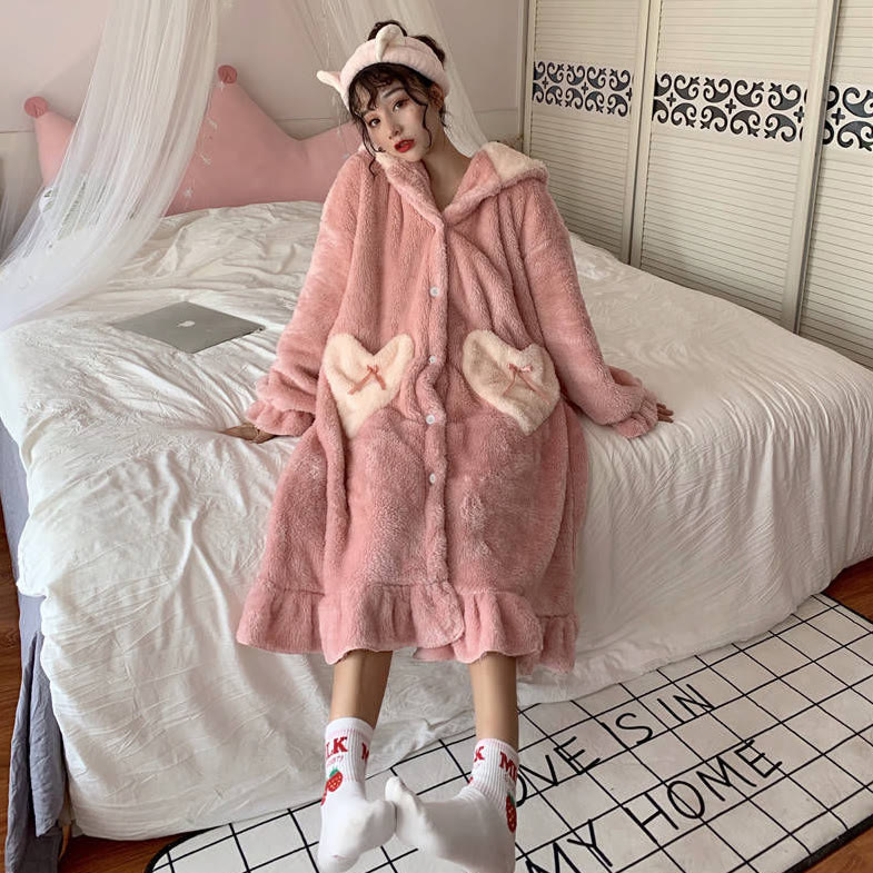Cute Cartoon Hooded Robe Pajama Set - Pink Heart Robe - XL - image 12