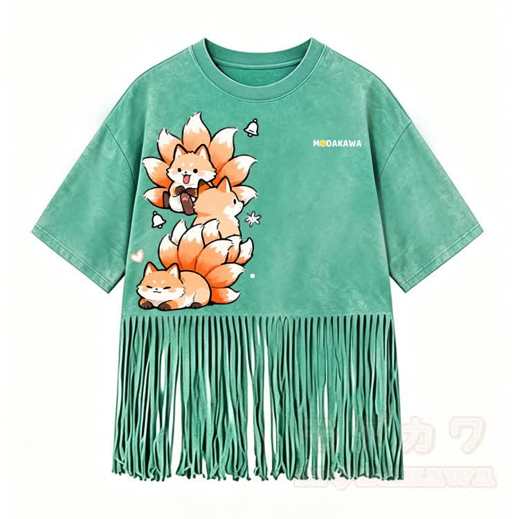 Nine Tailed Fox Graphic Modakawa Washed Fringe T-Shirt - Green - 5XL - image 6