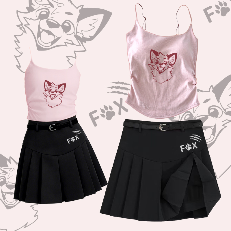 MODAKAWA X atka Fox Graphic Camisole Belt Pleated Skirt Two Pieces Set - Set C - L - image 3