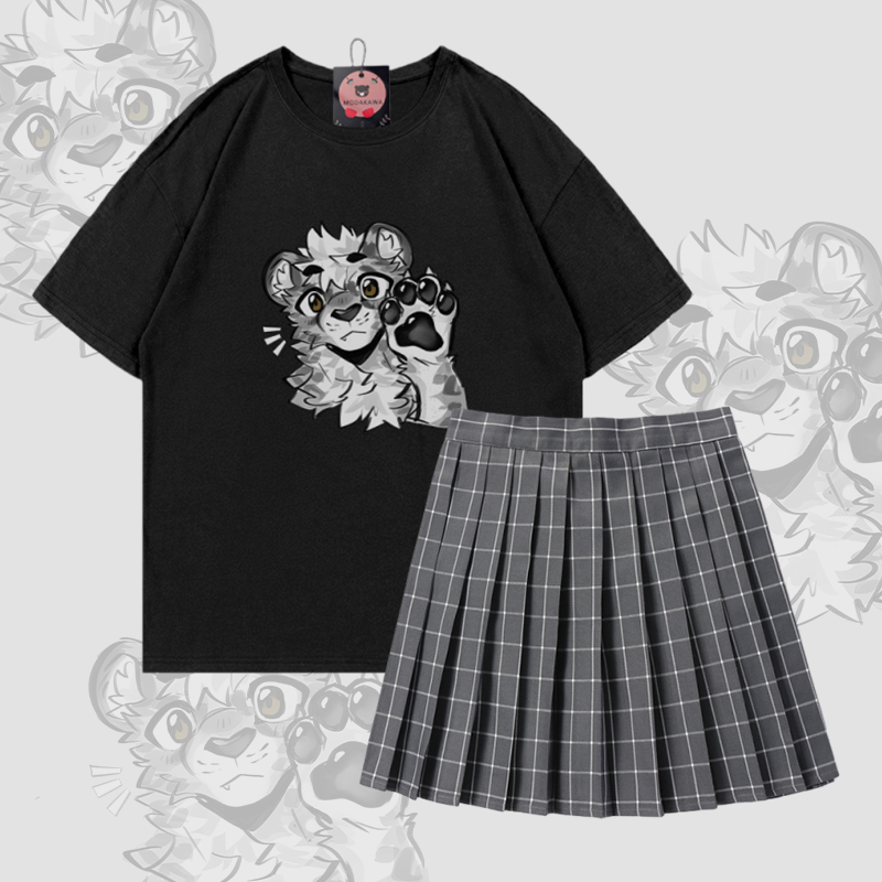 MODAKAWA X atka Tiger Paw Graphic 100% Cotton T-shirt Plaid Skirt Two Pieces Set - Set B - 5XL - image 2