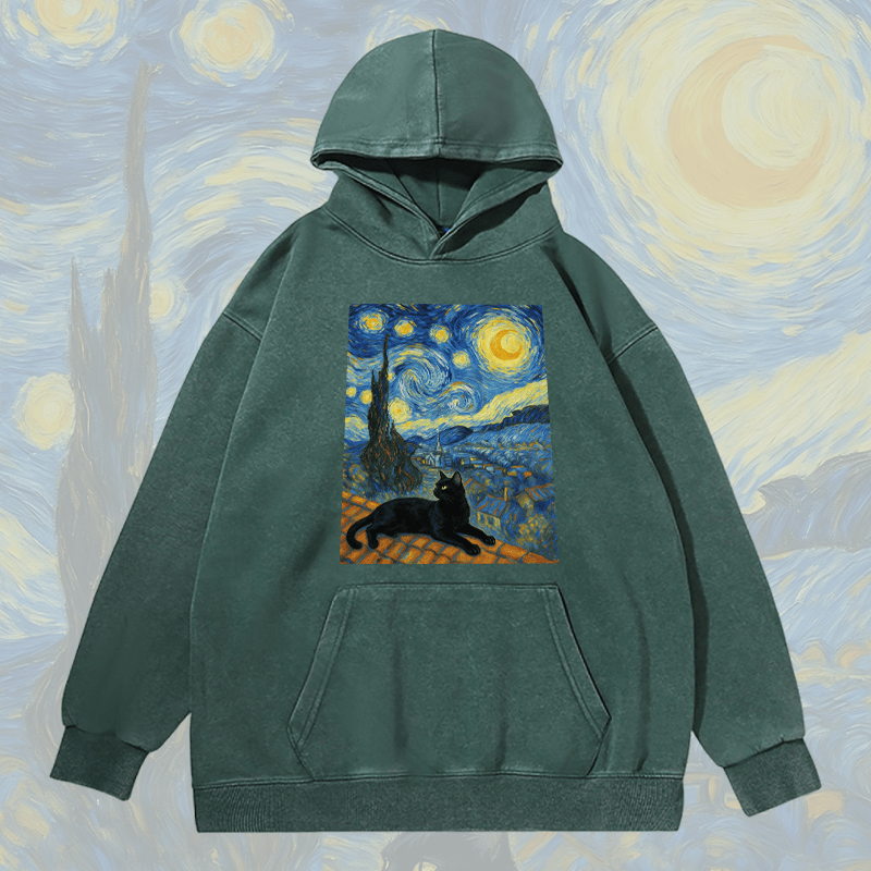 MODAKAWA Unisex Vintage Washed Hoodie Black Cat Under the Night Sky Graphic Pullover - Green - 2XL - image 3