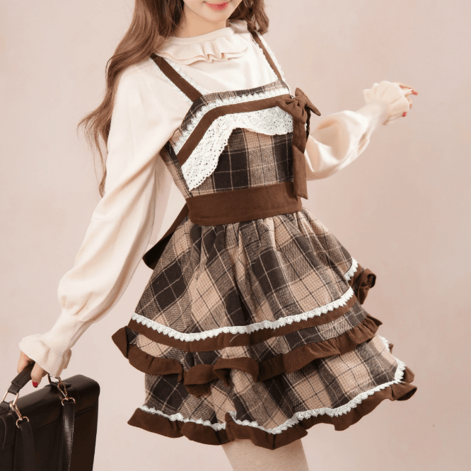 Plaid Dress and Hooded Cape and Lace-Trimmed Top Three Pieces Set - Apricot Shirt - XL - image 9