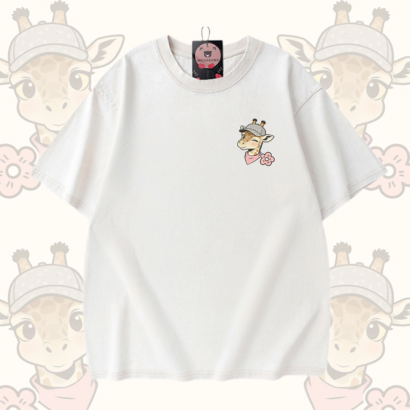  Giraffe Graphic Modakawa Vintage Washed T-shirt Denim Shorts Matching Outfit - White T-shirt - 3XL - image 2