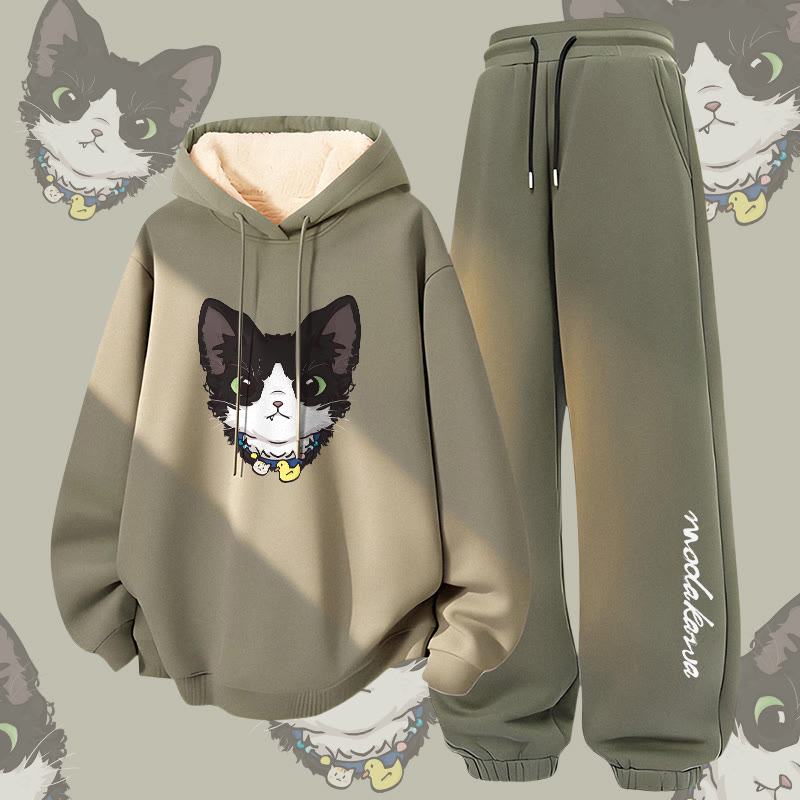 MODAKAWA Cute Kitty Graphic Thick Fleece Lined Hoodie Pants Two Pieces Set - Green - 5XL - image 2