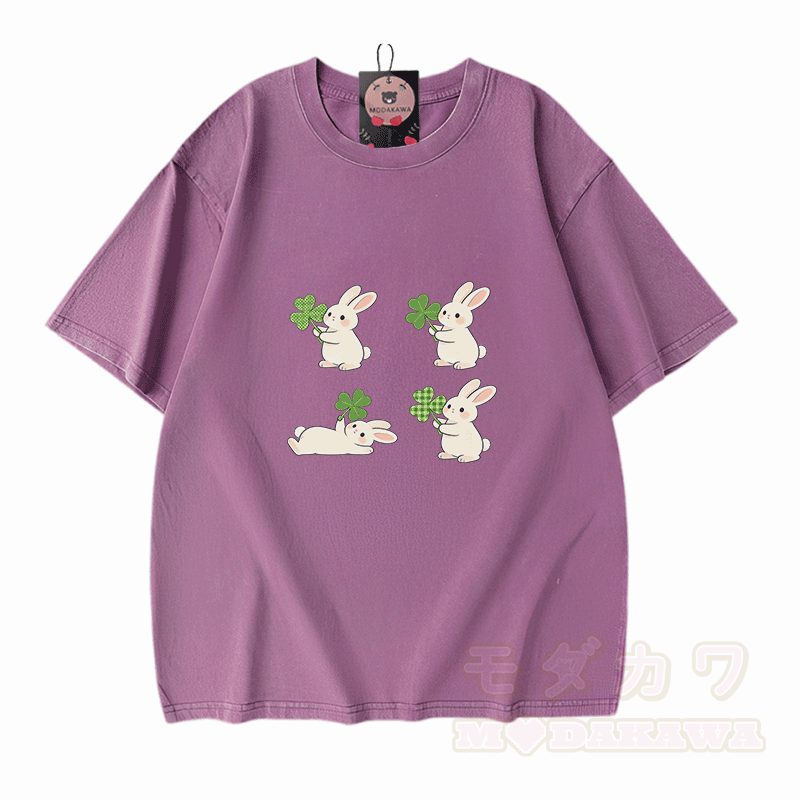 St. Patrick's Day Bunny Graphic Modakawa Vintage Washed 100% Cotton T-shirt - Purple - 5XL - image 6
