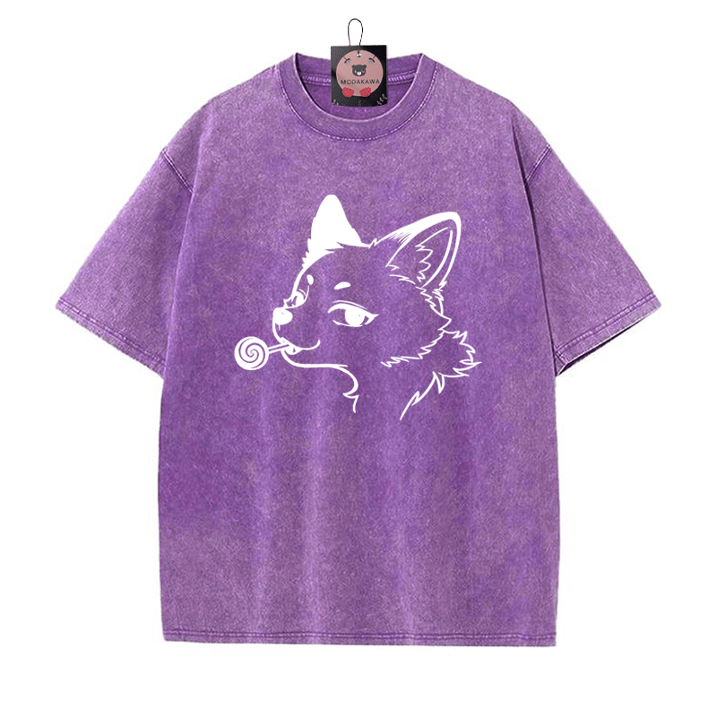 Fox Print Vintage Washed T-shirt - Purple - 5XL - image 6