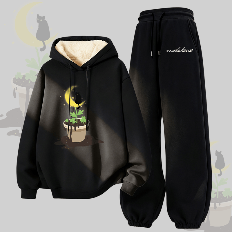 MODAKAWA Plant Black Cat Graphic Thick Fleece Lined Hoodie Pants Two Pieces Set - Black - 5XL - image 4