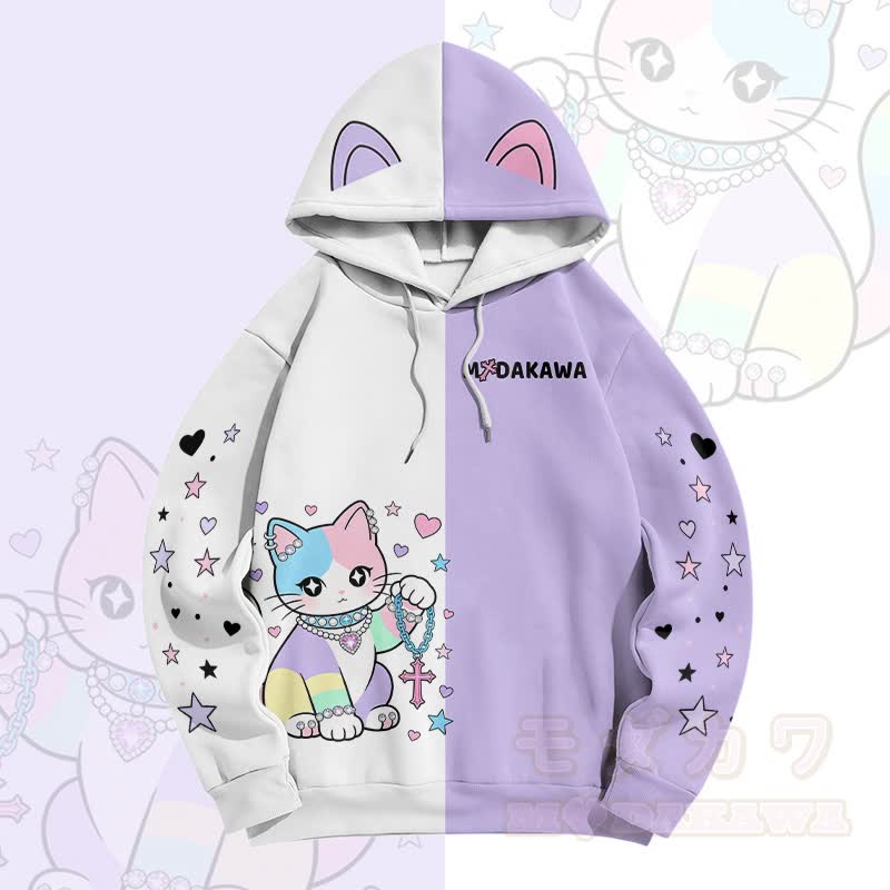 MODAKAWA Star Heart Cat Graphic Color Block Pullover Hoodie - image 5