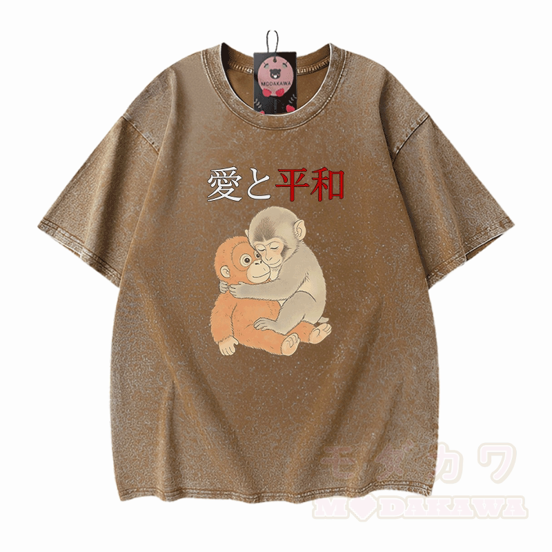 Peace Love Hugging PUNCH Monkey Graphic Modakawa Vintage Washed 100% Cotton T-shirt - Brown - 5XL - image 7