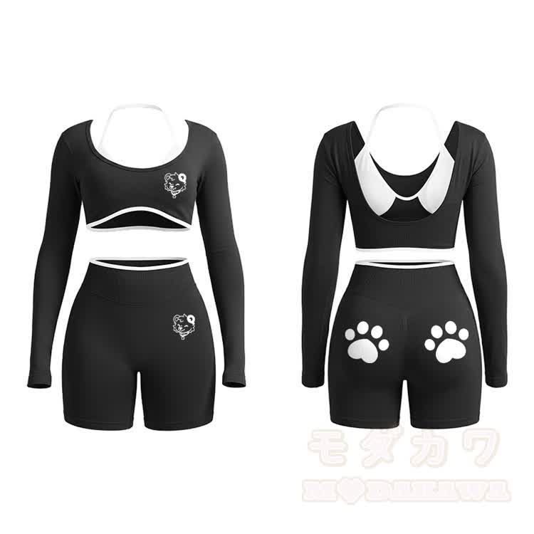 Bear Graphic Tight Long Sleeve Yoga Top & Shorts Set - Black - XL - image 12