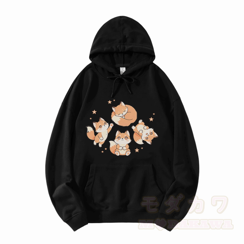 Cute Fox Graphic Modakawa Loose Cotton-Blend Hoodie - Black - 5XL - image 3