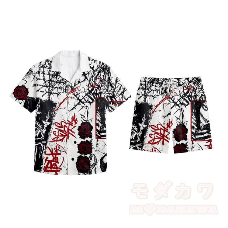 Printed Modakawa Shirt & Shorts Vacation Set - Black - 5XL - image 12