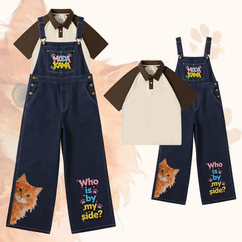 WHO IS BY MY SIDE Orange Cat Graphic Plaid Shirt Wide Leg Denim Overalls Modakawa Matching Outfit - Set B - XL - image 3