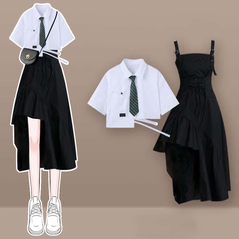 Pocket Lapel Tie T-Shirt Irregular Lace Up Slip Dress Two Pieces Set - White - XL - image 2