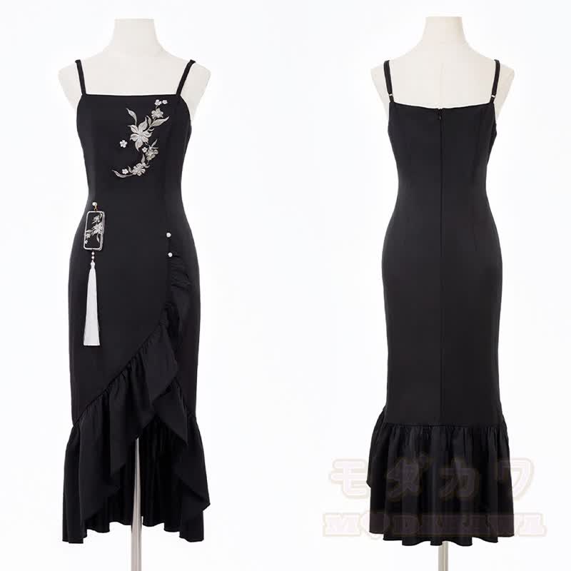 Vintage Flower Embroidered Buckle Top Ruffle Hem Slip Dress Two Pieces Set - image 6