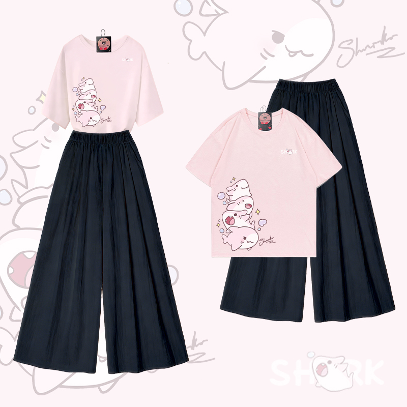 Sharks Graphic 100% Cotton T-shirt Wide Leg Pants Modakawa Two Pieces Set - Light Pink & Black - XL - image 4