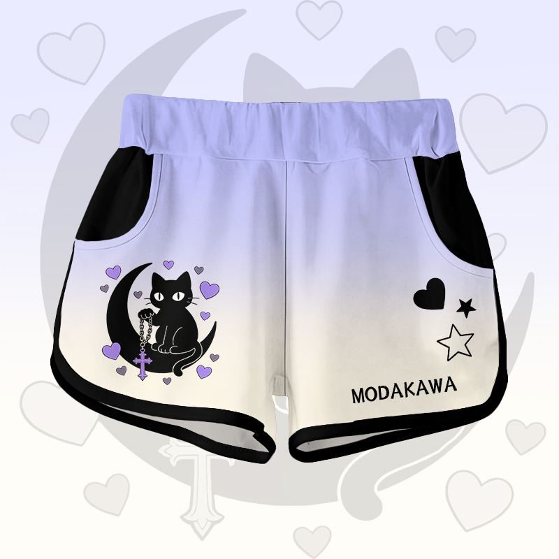 Astrology Black Cat Graphic Modakawa Shorts - Purple A - 5XL - image 3