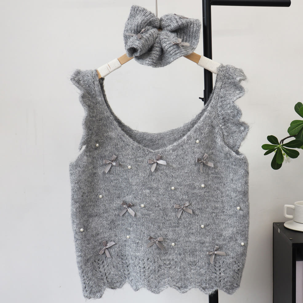 Bow Ruffle Trim Knit Vest - Grey - One Size - image 6