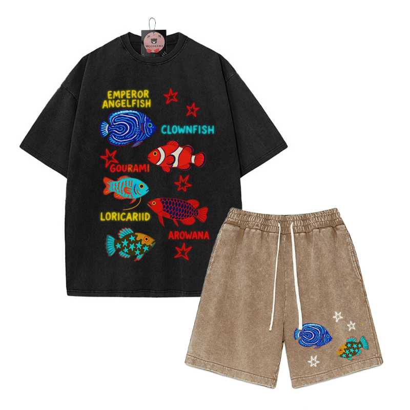 Fish Star Print T-shirt Vintage Washed Shorts Two Pieces Set - Black&Brown - 3XL - image 6