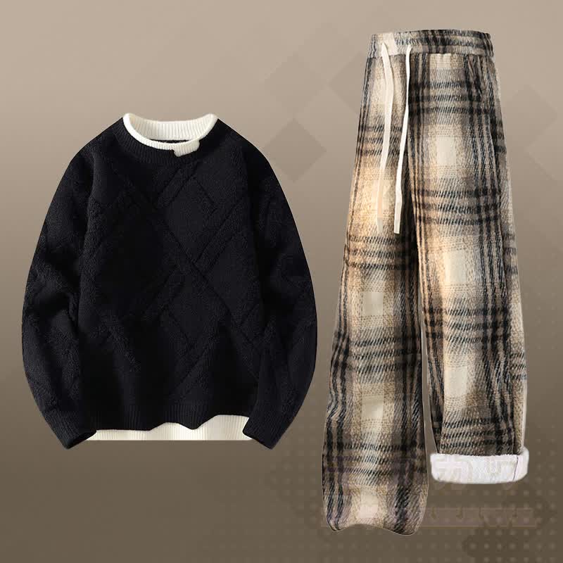 Faux Layered Knit Sweater Plaid Fleece Lined Pants Two Pieces - Set C - 2XL - image 3