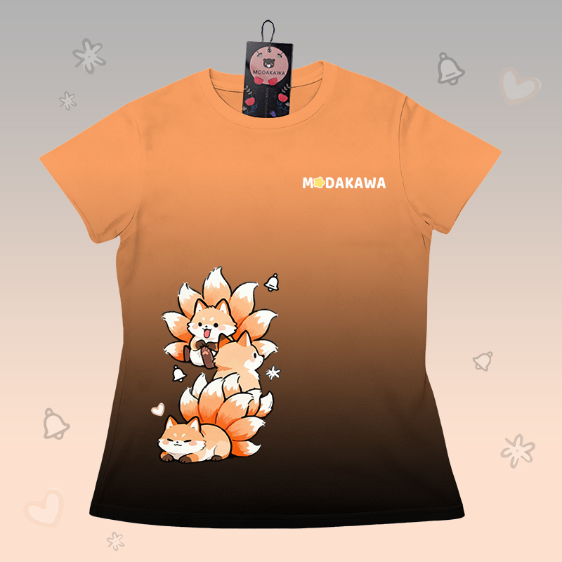 Gradient Nine-tailed Fox Graphic T-shirt Letter Graphic Shorts Modakawa Matching Outfit - Orange & Black T-shirt - 5XL - image 4