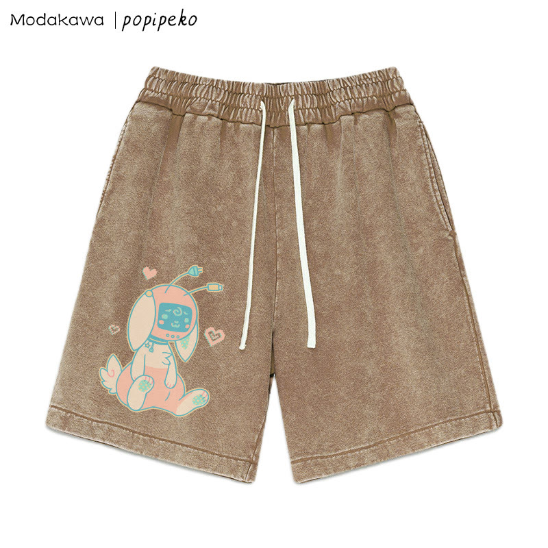 MODAKAWA X popipeko Robot Bunny Print Vintage Washed Shorts - Brown - 3XL - image 3