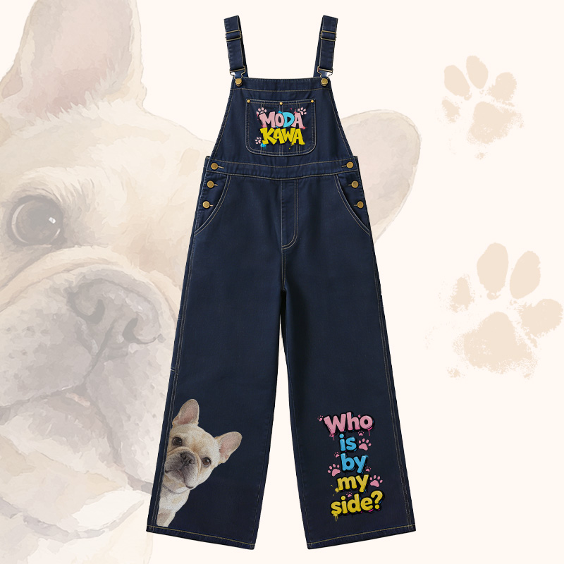 WHO IS BY MY SIDE Bulldog Graphic Plaid Shirt Wide Leg Denim Overalls Modakawa Matching Outfit - Overalls - XL - image 5
