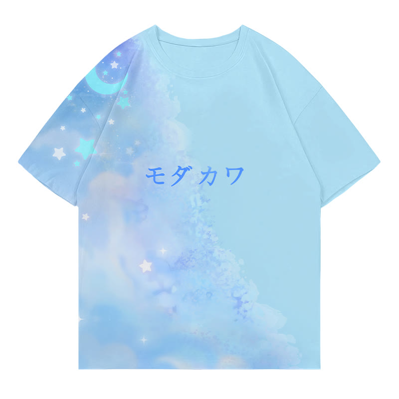 Moon Star Gradient Letter Print Modakawa T-shirt - Blue - 5XL - image 3